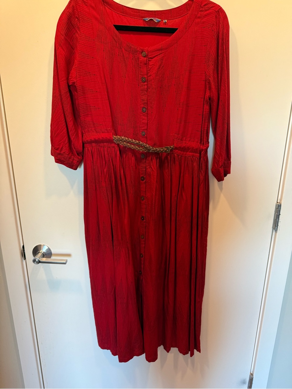 Red Button-Front Dress with Waist Tie